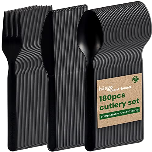 HAAGO 180-tlg. Besteckset Bioplastik Kompostierbar (60x Messer, 60x Gabeln, 60x Löffel, Schwarz)
