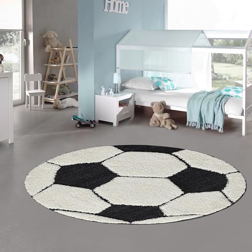 Teppich-Traum Kinderteppich rund Fußball 3D-Effekt schwarz weiß weich Kinderfreundlich