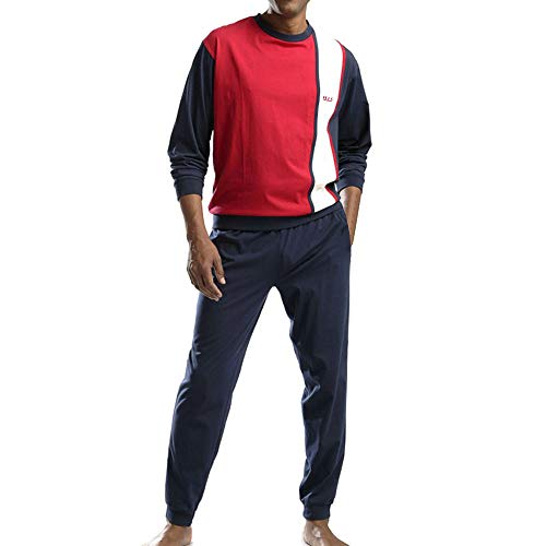 H.I.S Pyjama Schlafanzug lang Rundhals (52-54, blau rot Weiss)