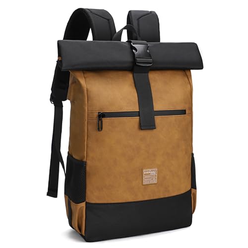 EverVanz Rolltop Rucksack aus Leder & Polyester - Große Schultasche mit Laptopfach 17 Zoll & USB Ladeanschluss - Wasserabweisender Backpack für Damen & Herren