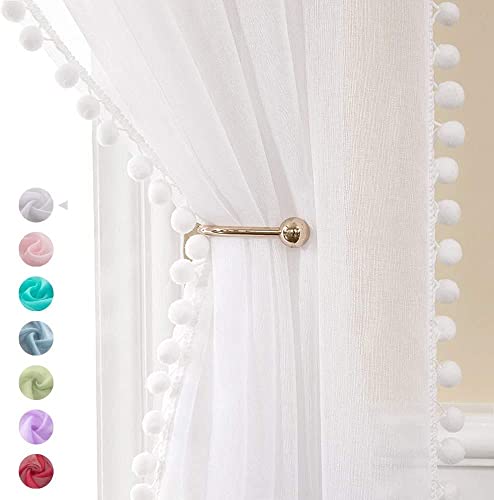 MIULEE Gardinen mit Pompons-Hübsche Weiß Transparent