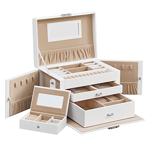 SONGMICS Schmuckkästchen mit 3 Ebenen und 2 Schubladen, tragbare Mini-Box, abschließbar, weiß (JBC121W)