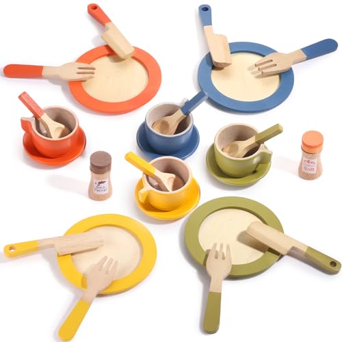 GAGAKU Holzspielzeug Teller und Untertassen für Küche Set