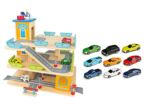 Parkgarage und Parkhaus für Kinder mit 8 Spielzeugautos und Spielstraße