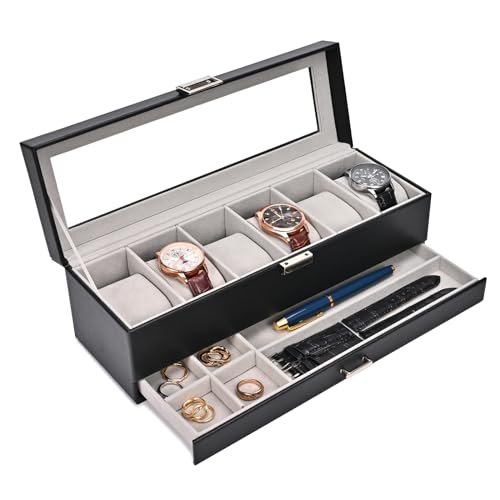 ProCase Uhrenbox mit 6 Fächern，Uhrenkasten mit Glasdeckel