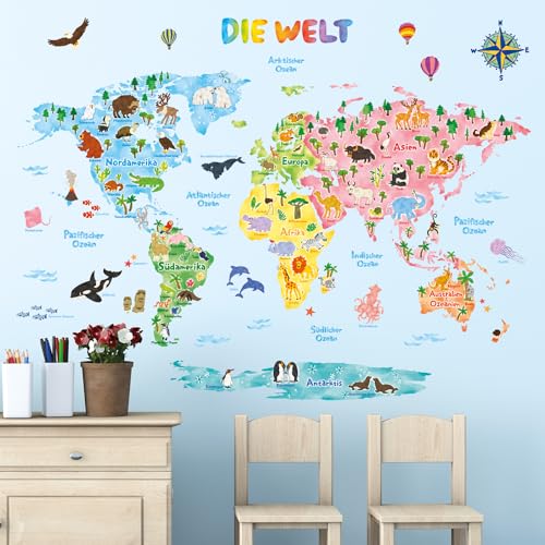 Wandtattoo für Kinderzimmer im Bild: DECOWALL DL3-1615DE Extra groß Weltkarte Tierweltkarte