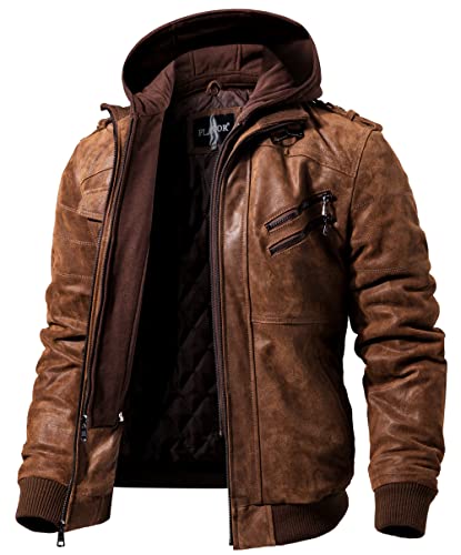 FLAVOR Men Leather Motorcycle Jacket with Removable