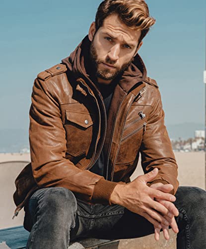 Pictured Cheapest Leather Jacket: FLAVOR Men Leather Motorcycle Jacket with Removable