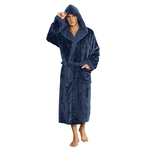 U2SKIIN Mens Fleece Hooded Robe Plush Bathrobe (Navy Blue, L/XL)