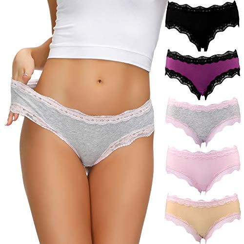 RHYFF 5 Pack Cotton Bikini Panties for Women | Soft, Stretchy, and  Breathable Hipster Briefs with Lace Waistband