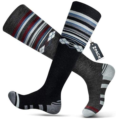 Hylaea Merino Wool Ski Socks, Cold Weather Socks Large, Black Red (2 Pairs)